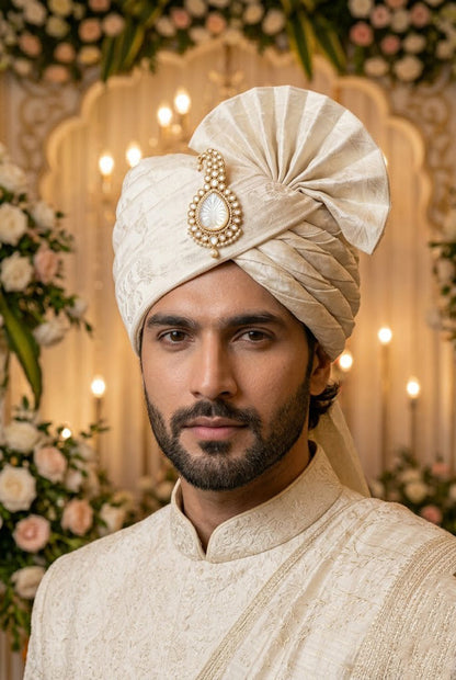 Ivory Self-Design Silk Groom Turban with Kundan Kalgi