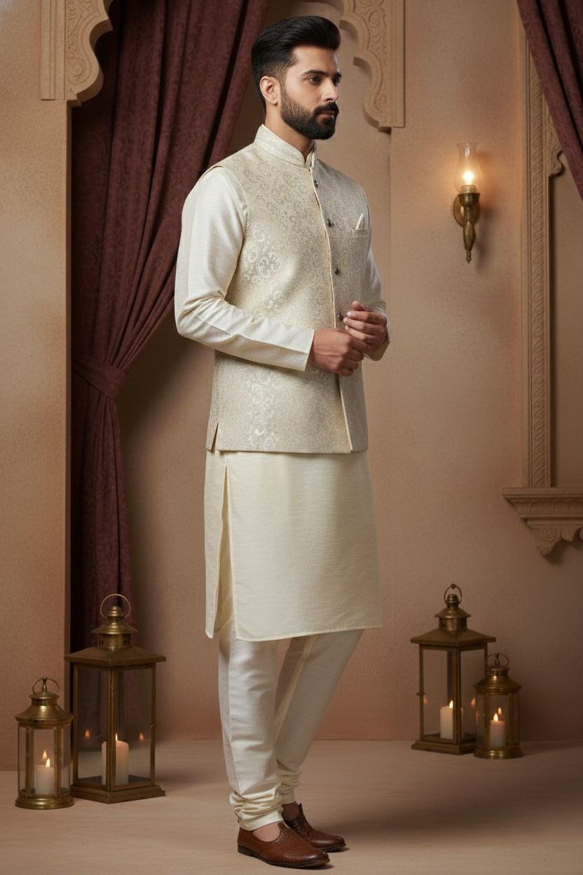 Men’s White Nehru Jacket with Silver Touch Work | Ethnic Waistcoat