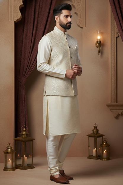 Men’s White Nehru Jacket with Silver Touch Work | Ethnic Waistcoat