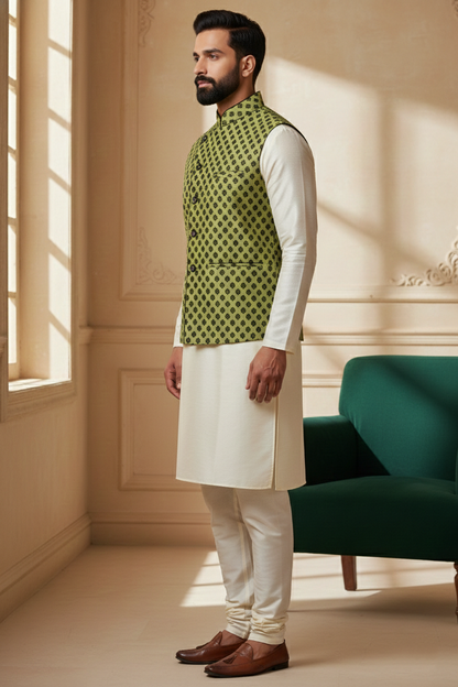 Men’s Olive Green Printed Nehru Jacket Kurta Pajama
