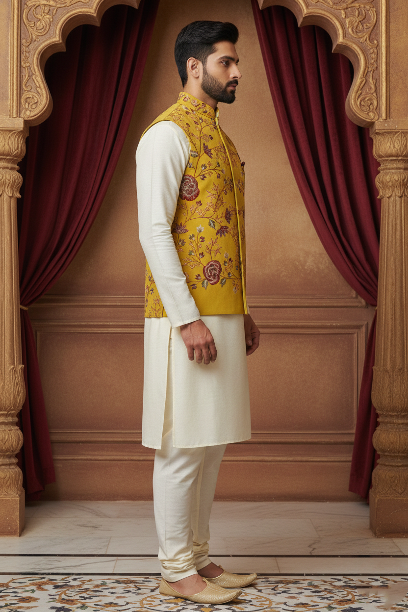 Men’s Mustard Floral Embroidered Nehru Jacket