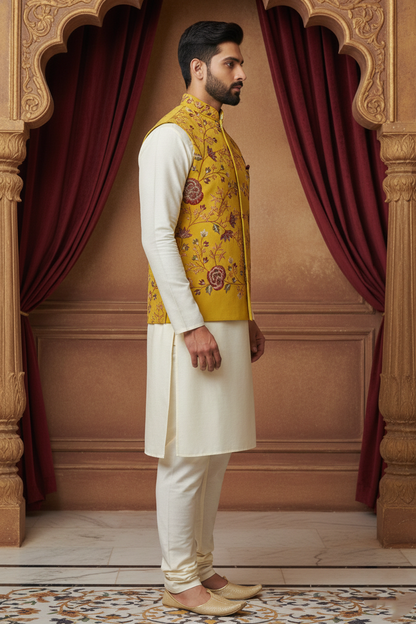 Men’s Mustard Floral Embroidered Nehru Jacket