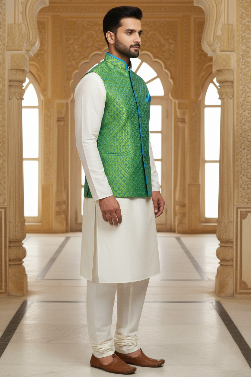 Men’s Green Nehru Jacket with Blue Contrast Piping & Pocket Square | Ethnic Waistcoat