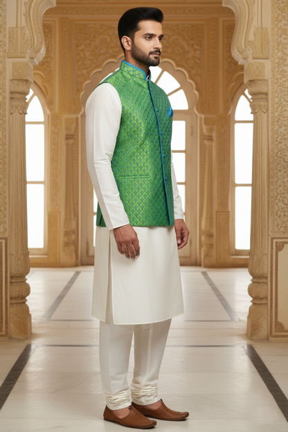 Men’s Green Nehru Jacket with Blue Contrast Piping & Pocket Square | Ethnic Waistcoat