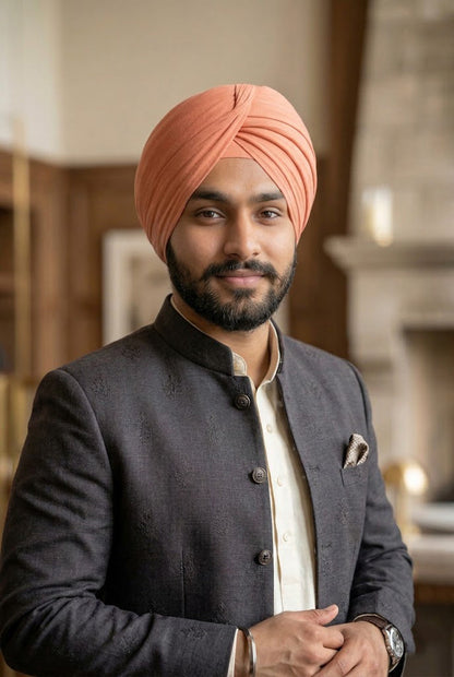 Elegant Peach Pleated Formal Turban , Soft Stretch Fit