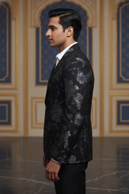 Black Double-Breasted Blazer with Subtle Silver Floral Pattern