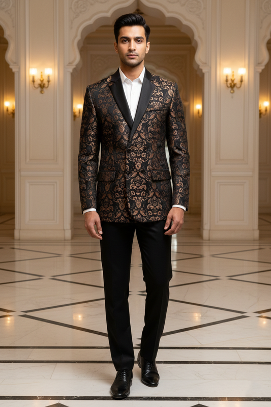 Men's Premium Black & Copper Jacquard Floral Tuxedo Blazer , Slim Fit Evening Party Wear