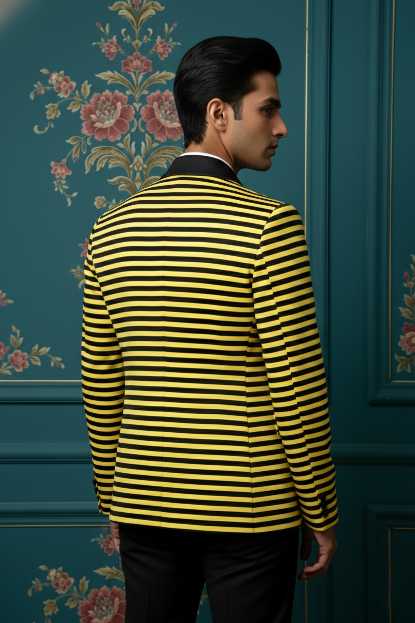 Men'sSlim-Fit Horizontal Striped Blazer with Shawl Lapel , Bold Yellow and Black Statement Jacket