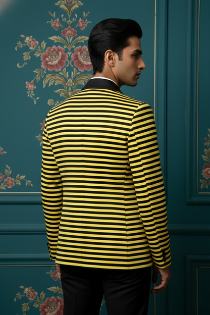 Men'sSlim-Fit Horizontal Striped Blazer with Shawl Lapel , Bold Yellow and Black Statement Jacket