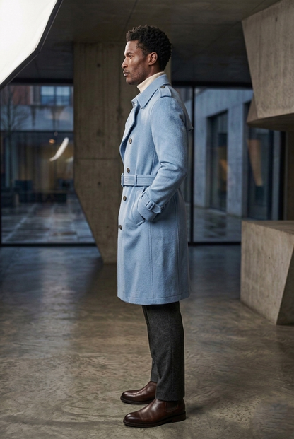 Men'sSky Blue Wool-Blend Belted Modern Trench Coat