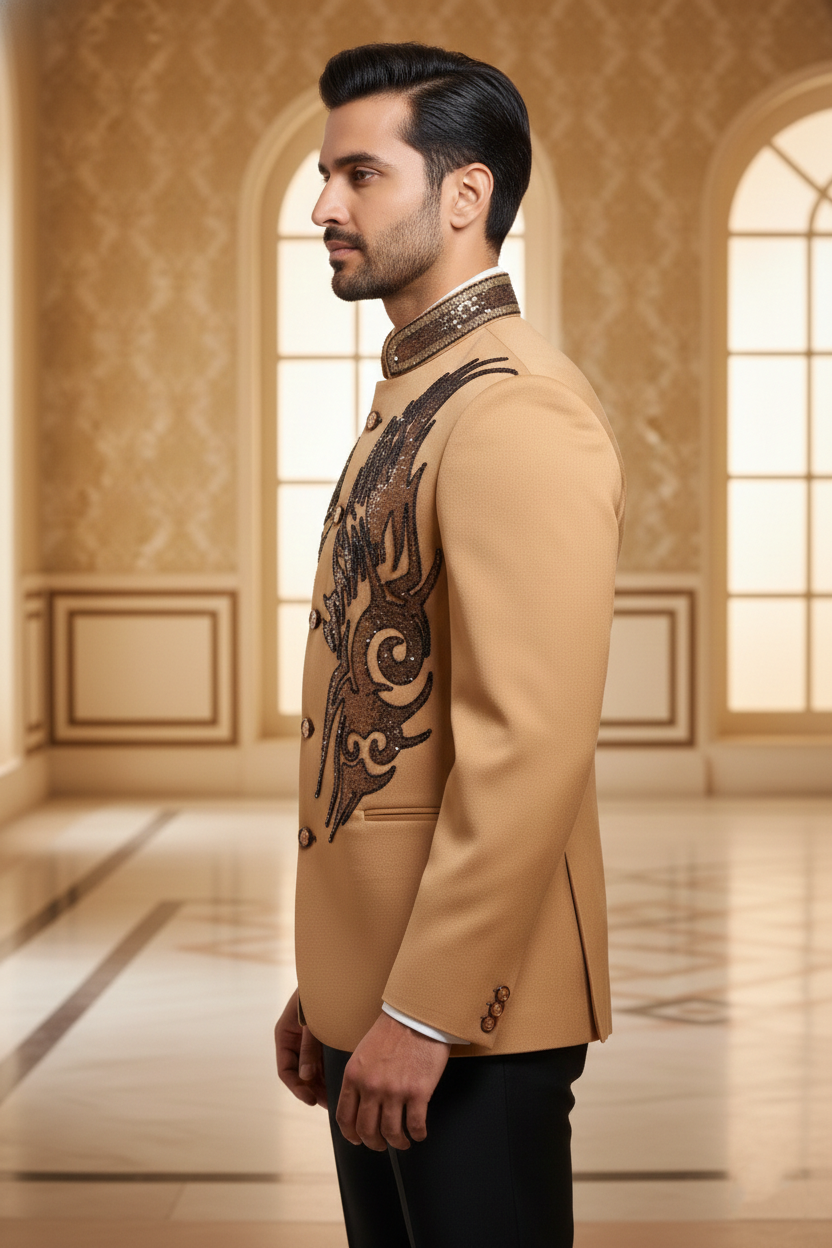 Men'sBeige Embellished Bandhgala Jacket