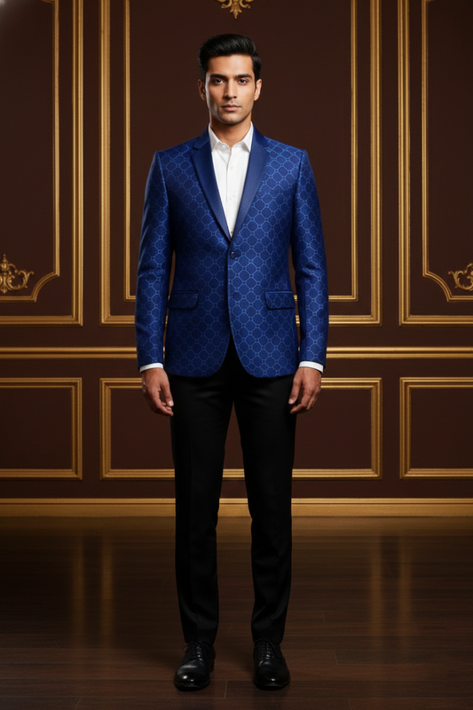 Royal Blue Geometric Jacquard Tuxedo Blazer with Satin Notch Lapels