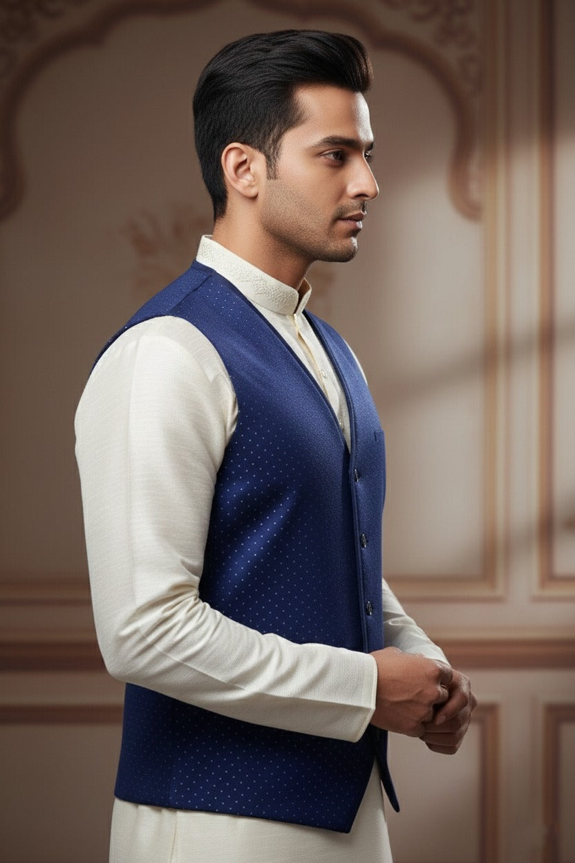 Men’s Dark Blue Nehru Jacket with Tiny White Dots Work | Festive Ethnic Waistcoat