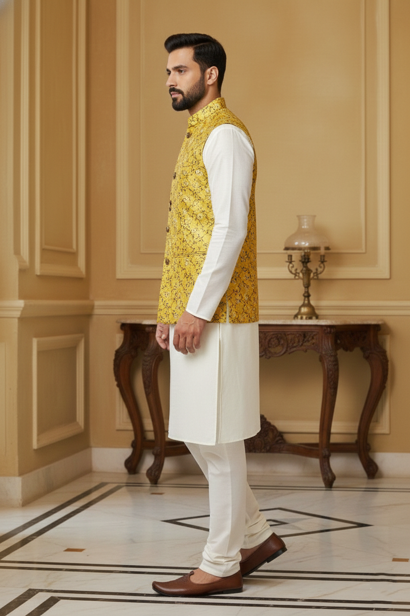 Radiant Mustard: Men’s Floral Brocade Nehru Jacket