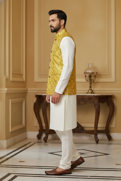 Radiant Mustard: Men’s Floral Brocade Nehru Jacket