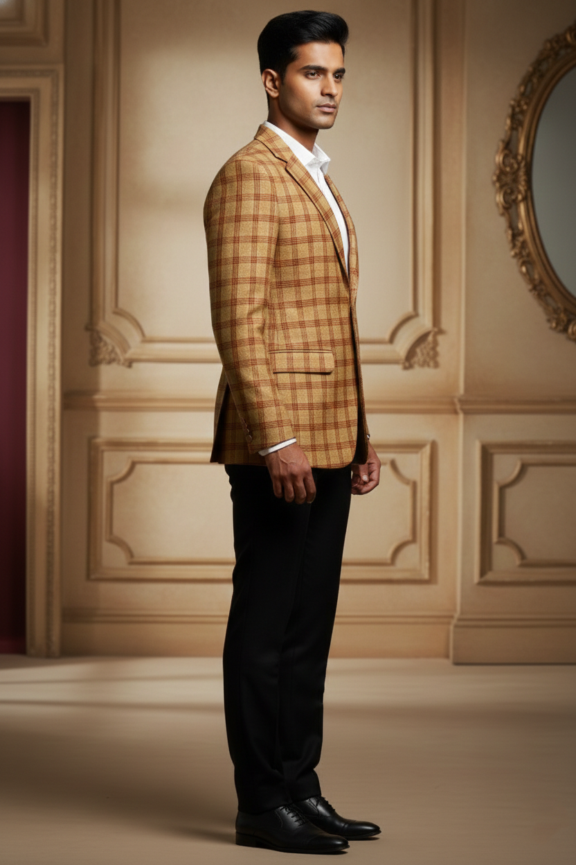 Men's Premium Mustard Yellow Checkered Jacquard Blazer