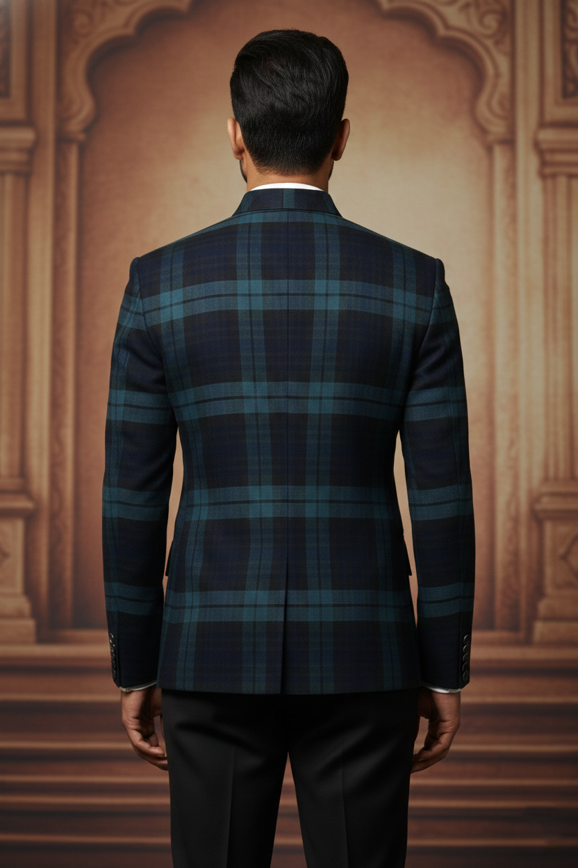 Dark Blue & Green Plaid Double-Breasted Blazer with Metallic Buttons