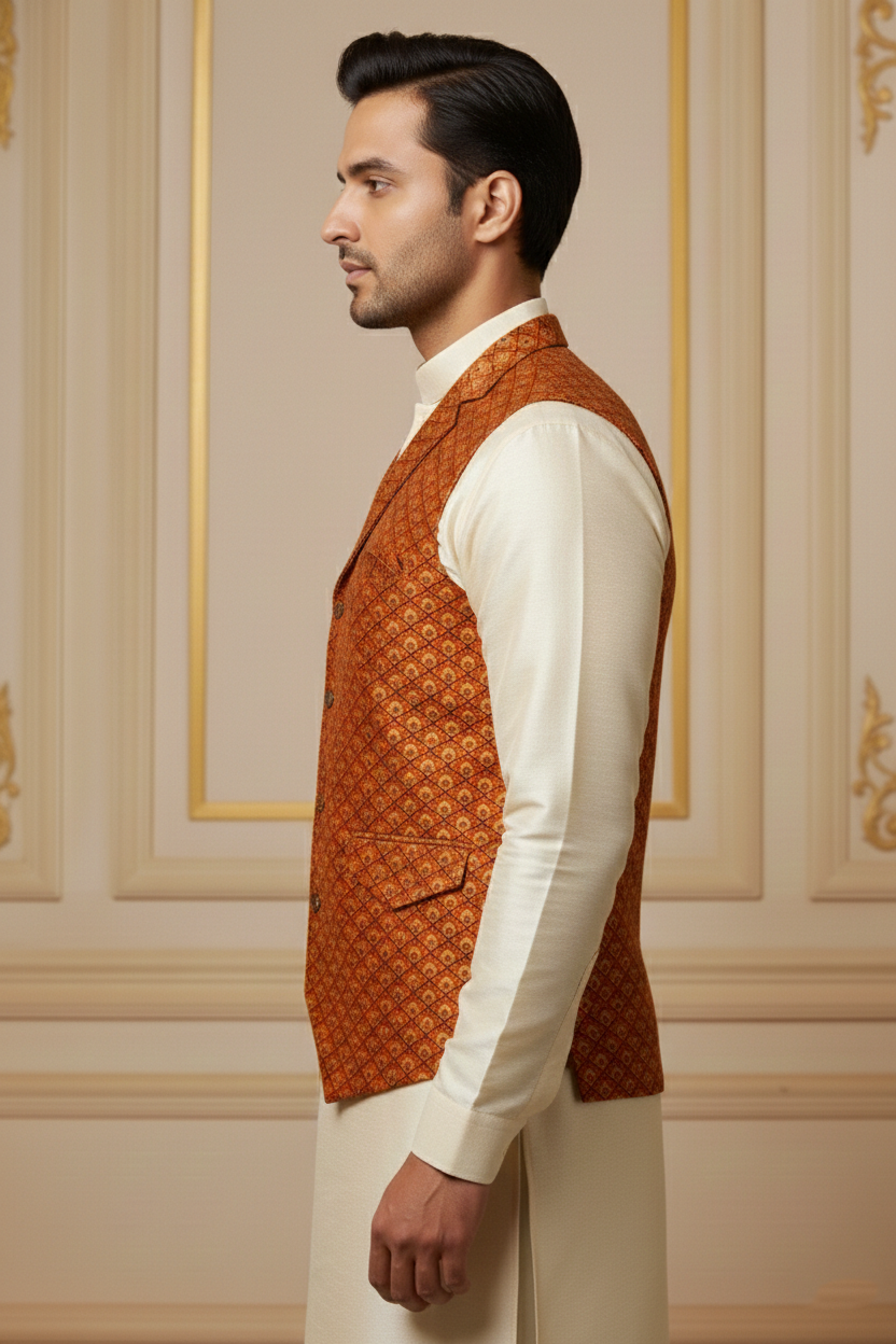 Men’s Red Nehru Jacket with Yellow Dots Work | Festive Ethnic Waistcoat for Weddings & Celebrations