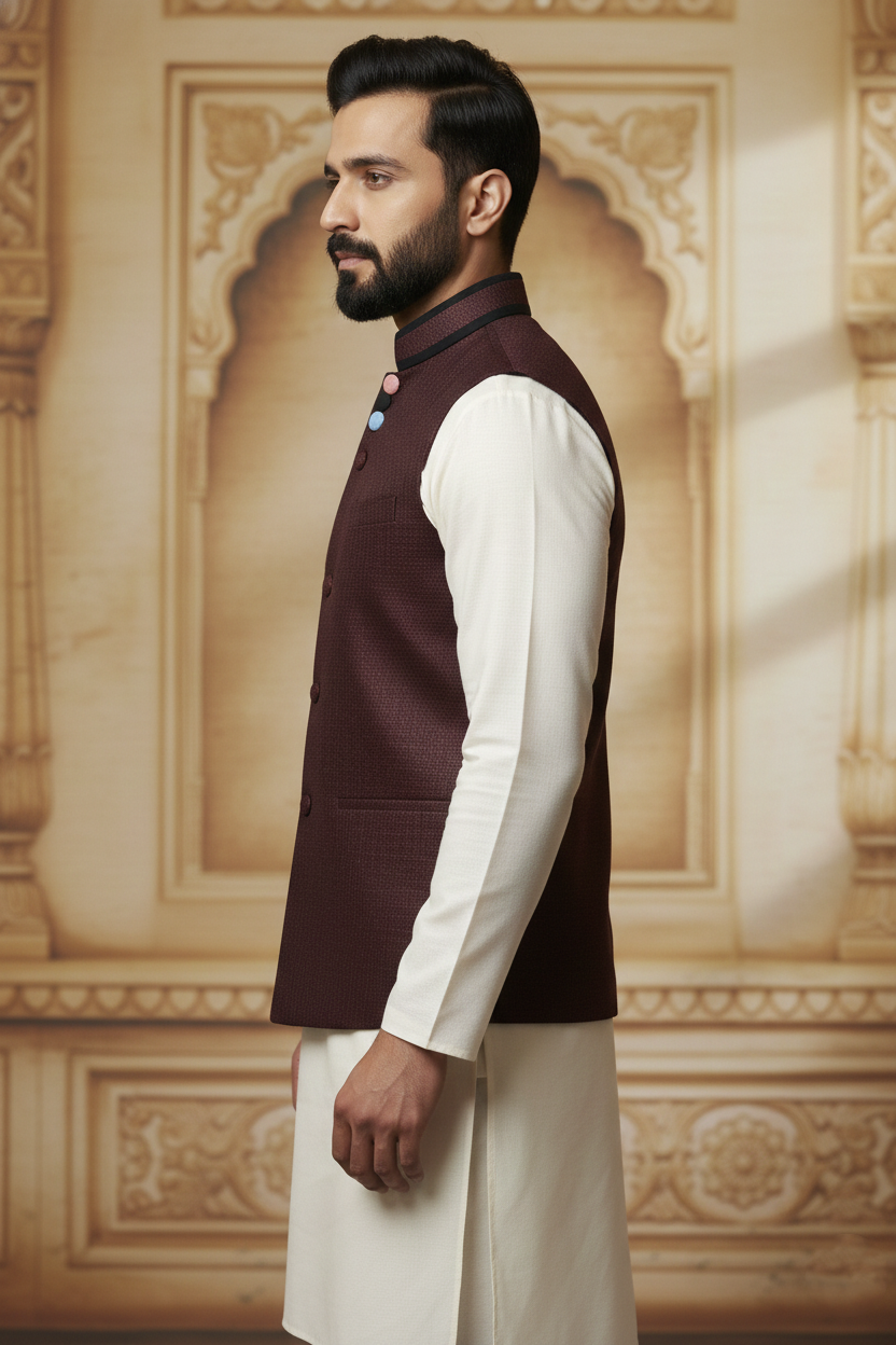 Maroon Nehru Jacket with Cream Kurta Ensemble