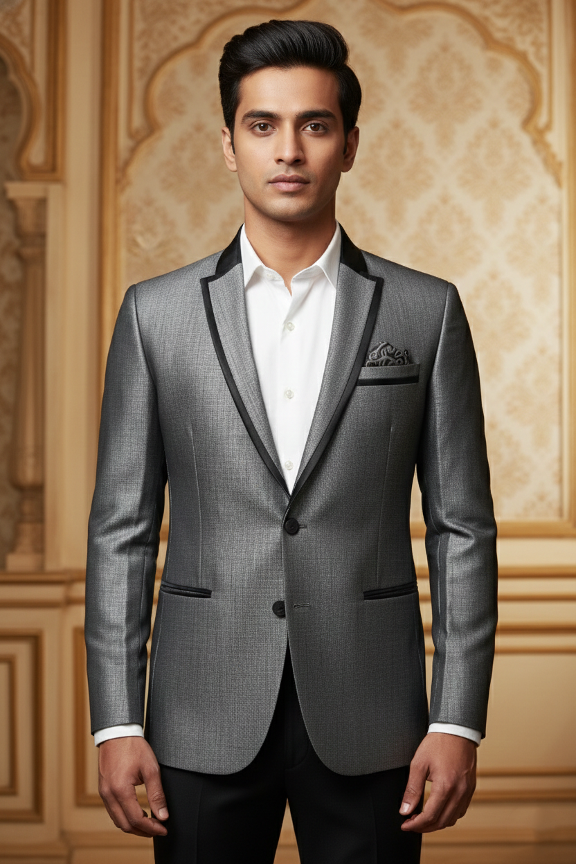 Men's Metallic Grey Slim Fit Tuxedo  Blazer with Satin Trim