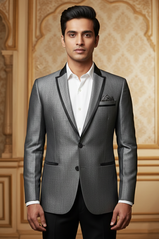 Men's Metallic Grey Slim Fit Tuxedo  Blazer with Satin Trim