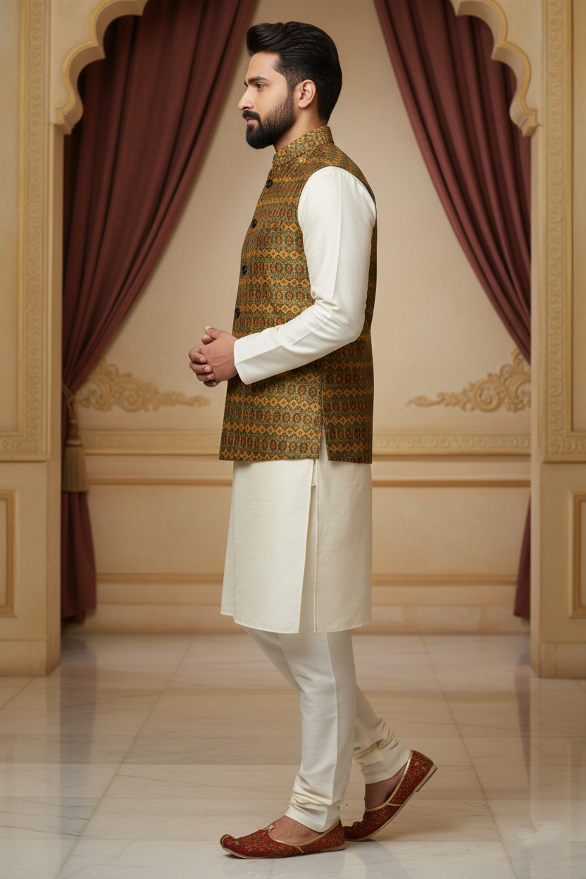 Regal Tapestry: The Olive Geometric Brocade Nehru Jacket