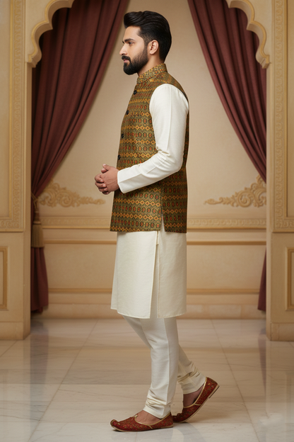 Regal Tapestry: The Olive Geometric Brocade Nehru Jacket