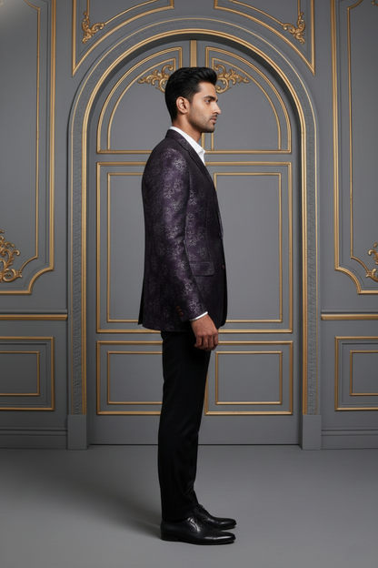 Dark Purple Paisley Double-Breasted  Blazer