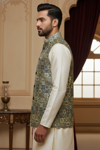 Artisanal Heritage: The Cerulean Tile Print Nehru Jacket