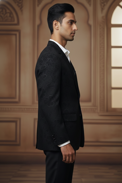 Black Double-Breasted Blazer with Subtle Floral Texture