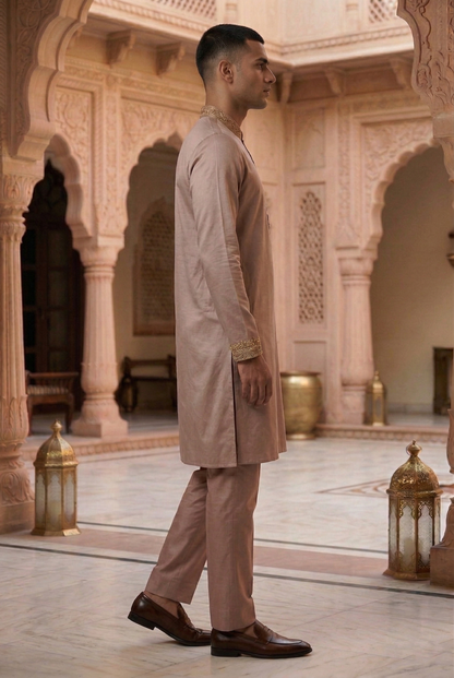 Men'sTaupe Silk Partywear Kurta Pajama Set
