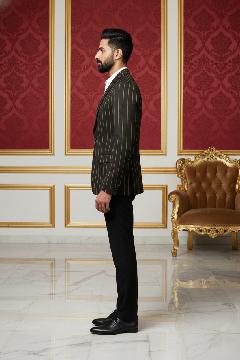 Dark Pinstripe Suit with Yellow Stripes