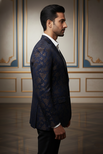 Dark Blue Floral Blazer with Notched Lapel & Two-Button Closure