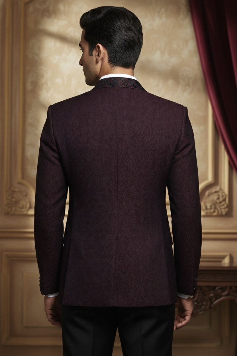 Deep Maroon Ceremonial Suit with Intricate Detailing