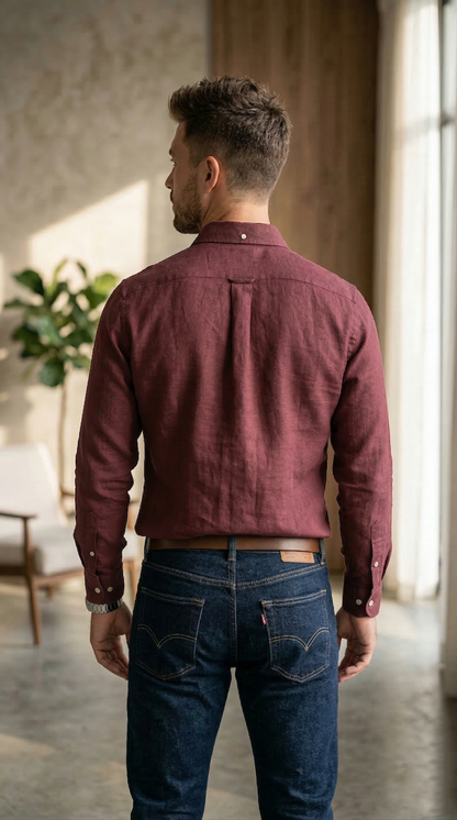 Men'sBurgundy Linen-Blend , The Elevated Casual Statement Shirt