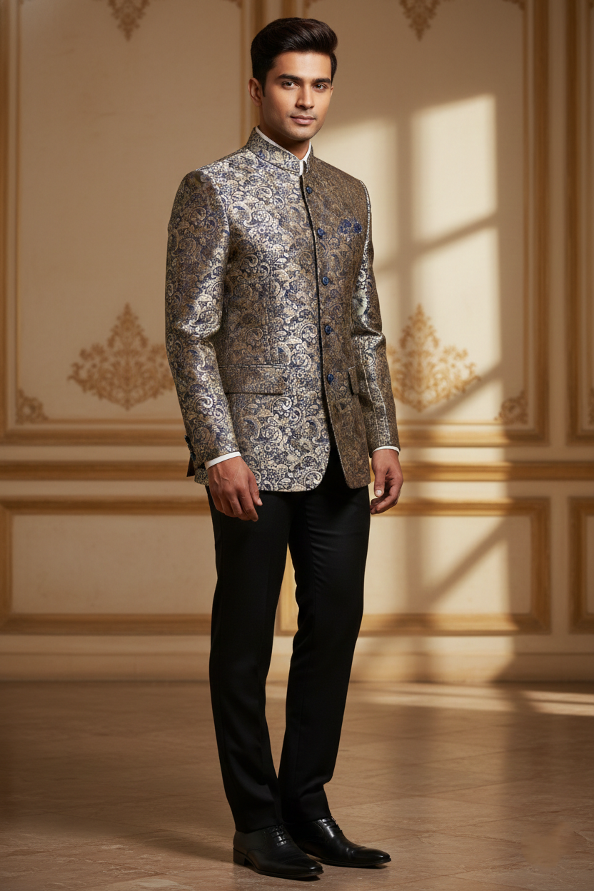 Men's Royal Jacquard Silk Blend Jodhpuri Bandhgala Blazer