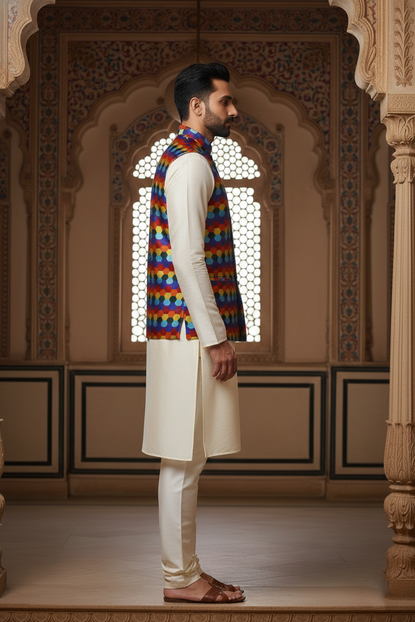 Men’s Multicolor Printed Nehru Jacket with Ivory Kurta