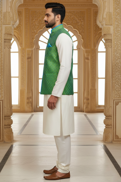 Men’s Green Nehru Jacket with Blue Contrast Piping & Pocket Square | Ethnic Waistcoat