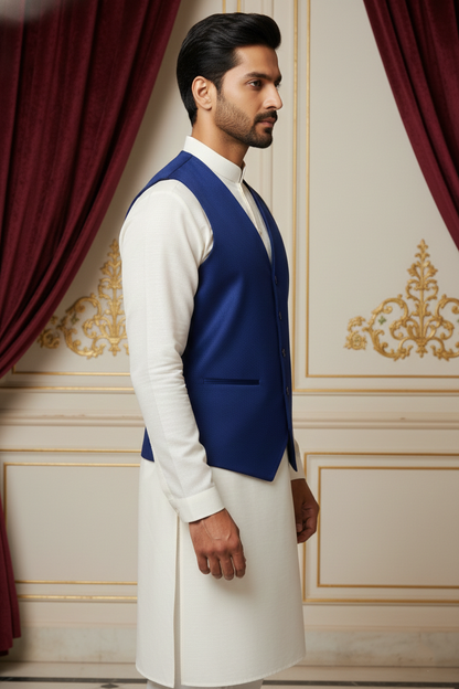 Men’s Dark Blue Nehru Jacket with Light Blue & Orange Thread Work | Festive Ethnic Waistcoat