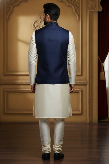 Men’s Dark Blue Nehru Jacket with Elegant Work | Ethnic Waistcoat