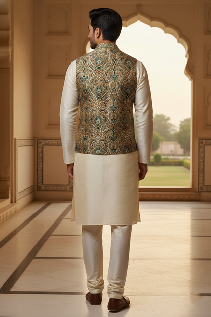 Men’s Olive Green Paisley Brocade Nehru Jacket | Ethnic Wedding Festive Party Wear Mandarin Collar Sleeveless Waistcoat for Kurta & Indo-Western Outfit