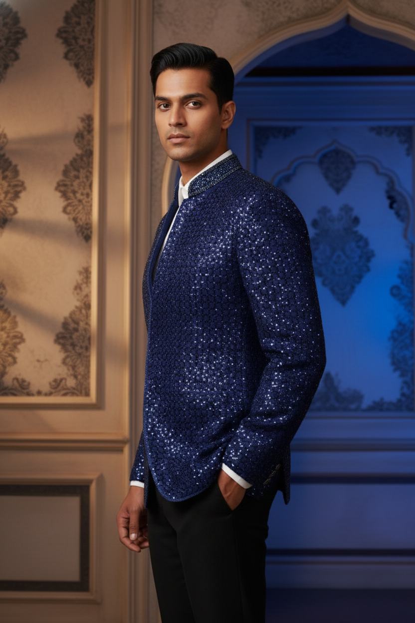 Midnight Navy Sequin Enchantment Blazer , Luxury Hand-Beaded Mandarin Collar Tuxedo