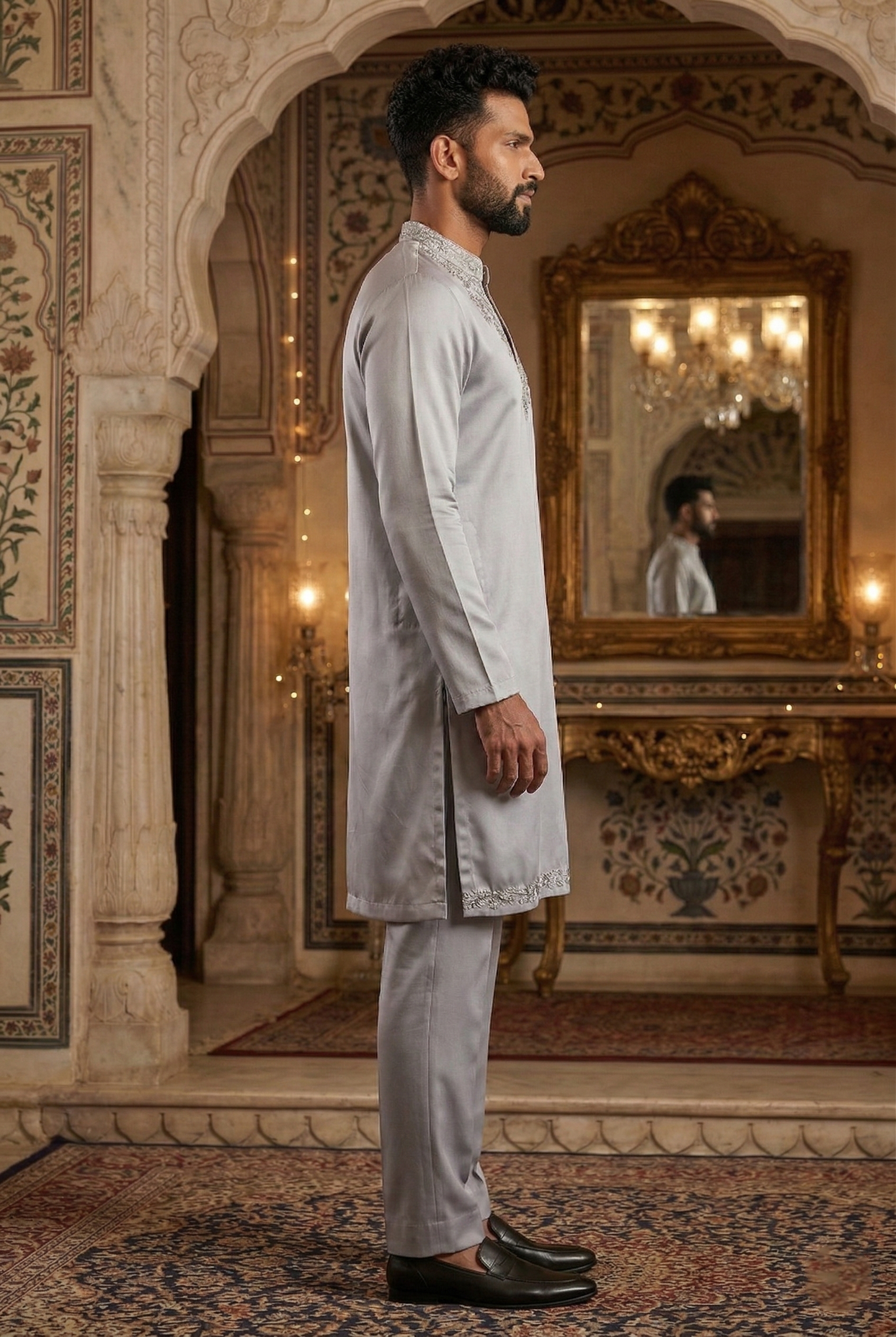 Men'sSilver Silk-Blend Partywear Kurta Pajama