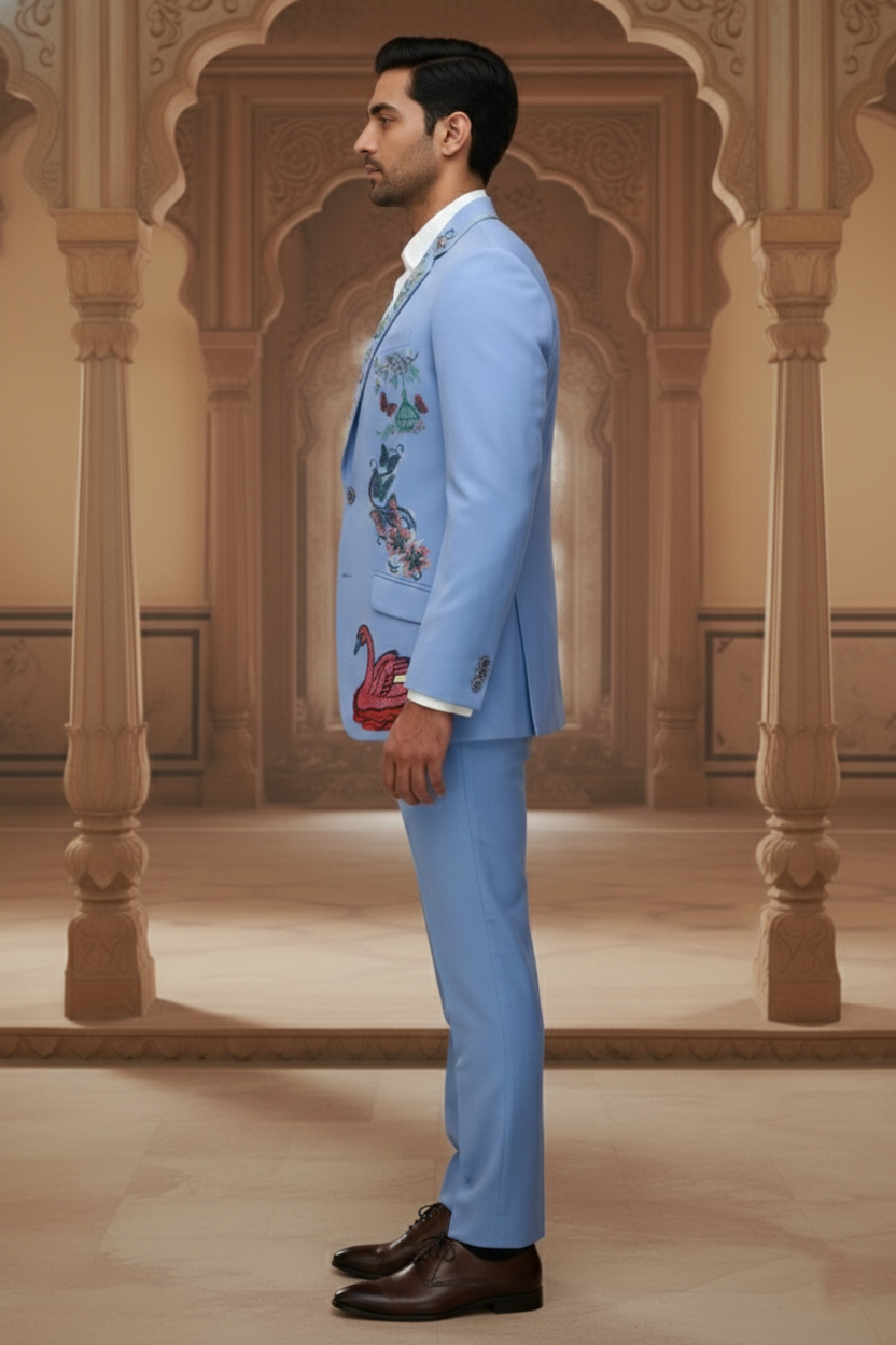 Royal Blue Designer Blazer with Rose Garden Floral Embroidery , Premium Slim Fit Wedding Tuxedo