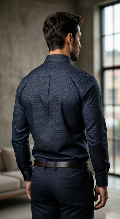 Men's Slim-Fit Midnight Navy Geo-Print Dress Shirt with Contrast Topstitching