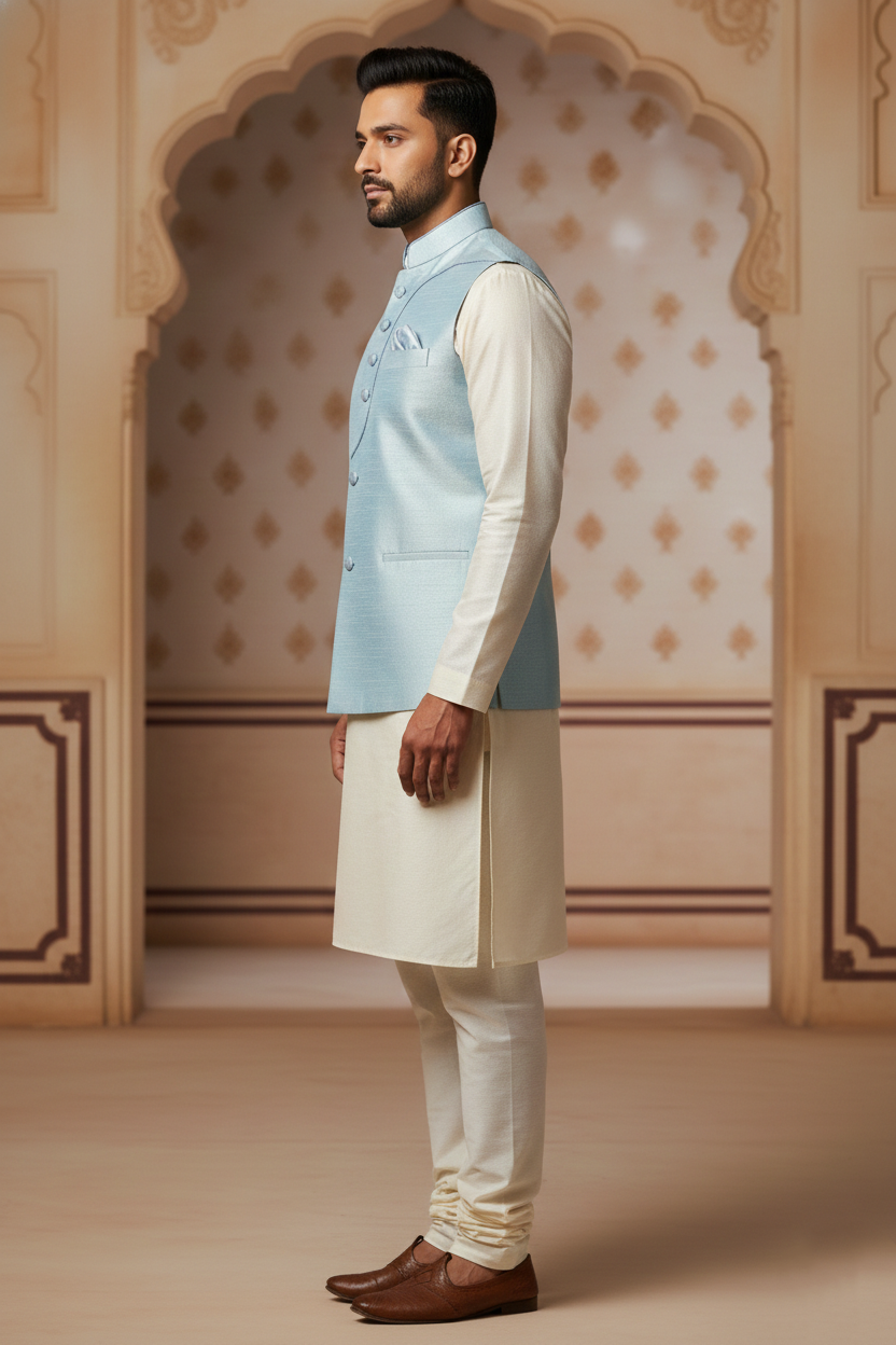 Men’s Light Blue Nehru Jacket with White Contrast Lining | Ethnic Waistcoat