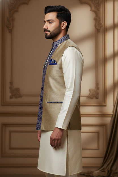 Beige Waistcoat with Blue Embroidered Trim &  Cream Kurta Set