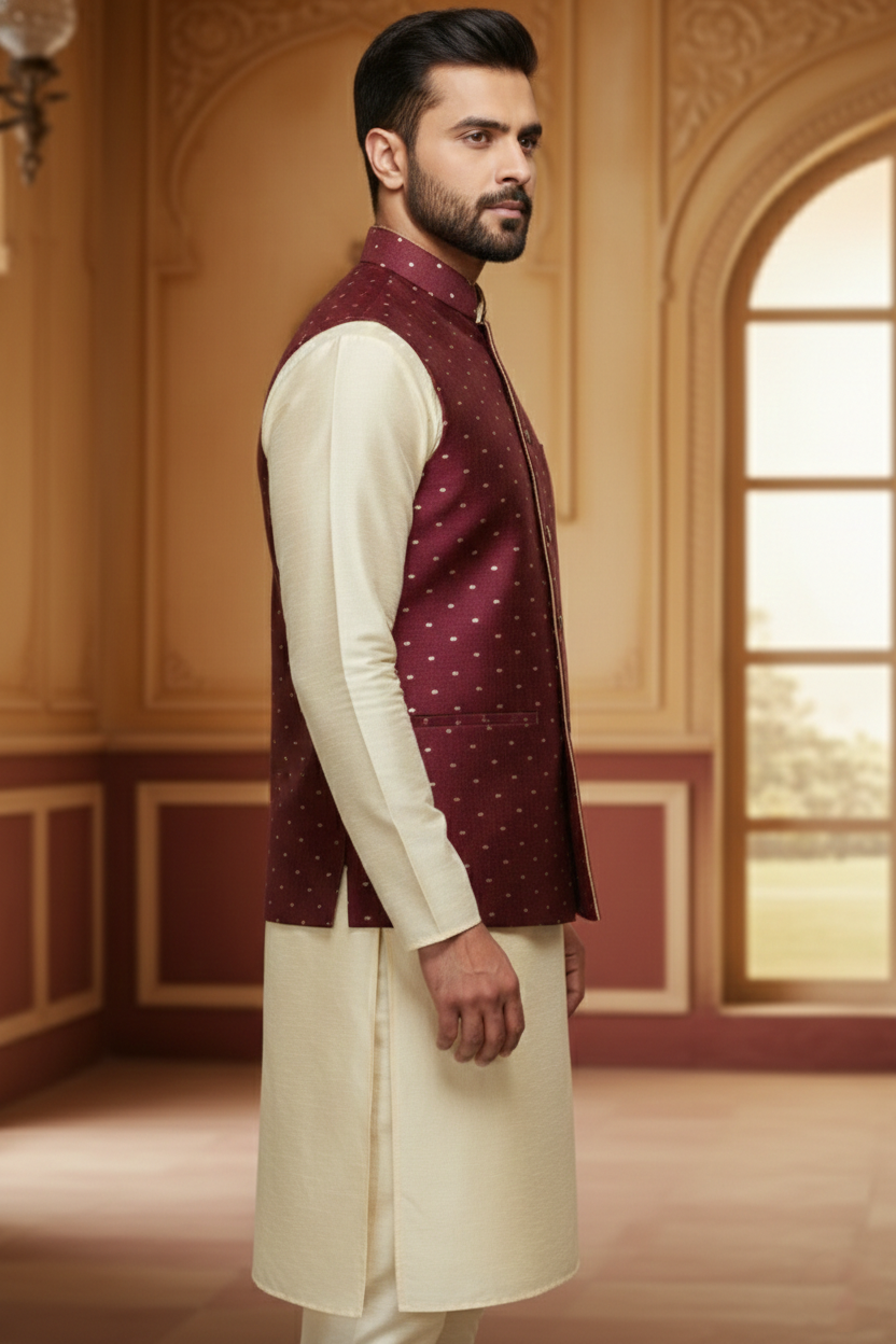 Men’s Maroon Dotted Nehru Jacket with Ivory Kurta  Pajama