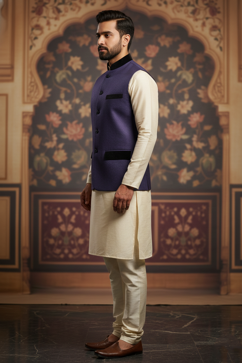 Men's Royal Purple Textured Nehru Jacket – Luxury Velvet Trim Ethnic Waistcoat | Designer Modi Jacket for Weddings, Receptions & Festivals