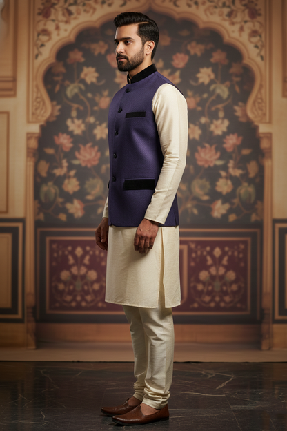 Men's Royal Purple Textured Nehru Jacket – Luxury Velvet Trim Ethnic Waistcoat | Designer Modi Jacket for Weddings, Receptions & Festivals